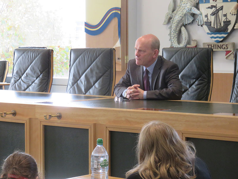 John Biggs, directly elected Mayor of Tower Hamlets is interviewed by George Green's students as part of the launch of the New Ideals in Education projects held in the Town Hall.